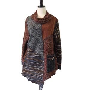 Dots & Vera Sweater Womens Medium Art-to-Wear Patchwork Brown Lagenlook Artsy